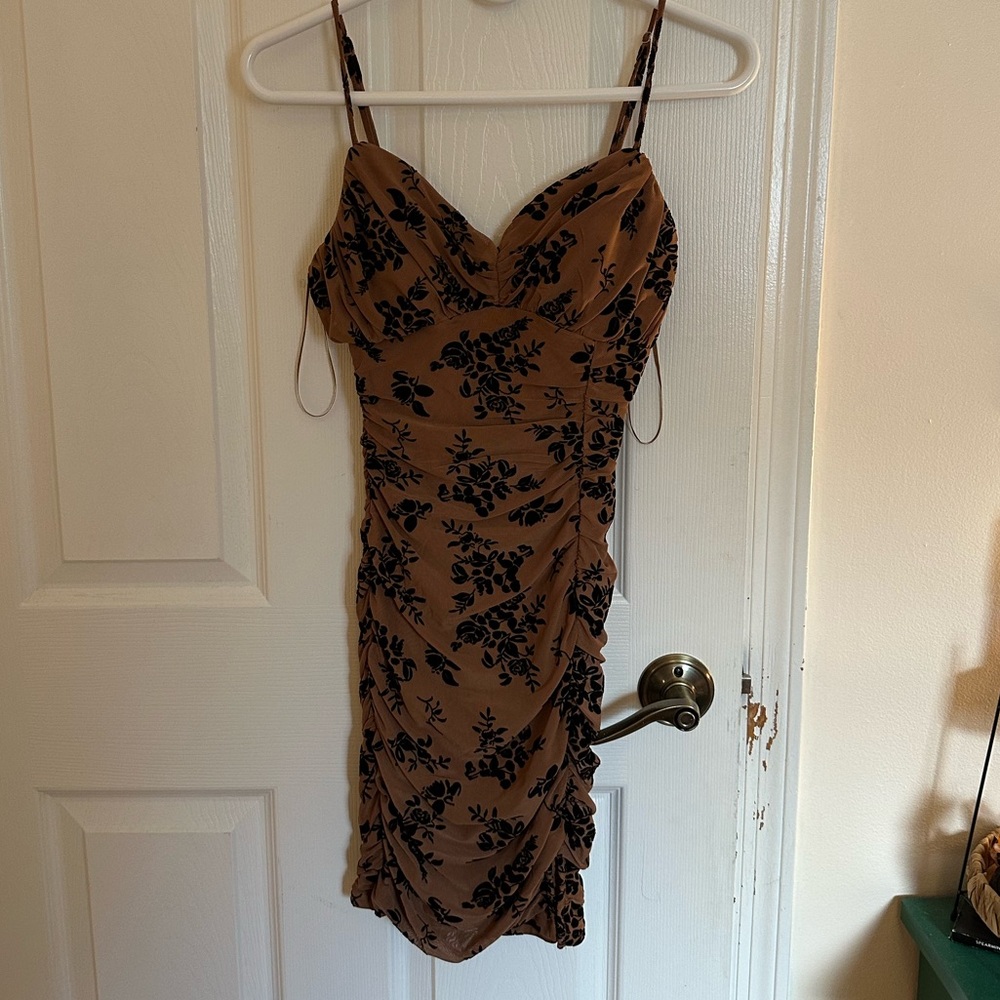 Brown Floral Ruched Dress